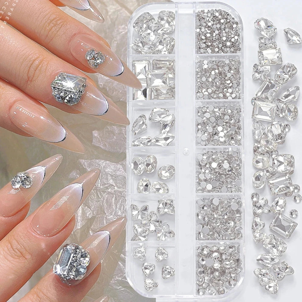 180pcs AB Flatback Glass Nail Art Rhinestones Multi-shape Mixed Diamond Gems Blue Purple Crystal Stones For DIY Nail Decoration Econic Blanks