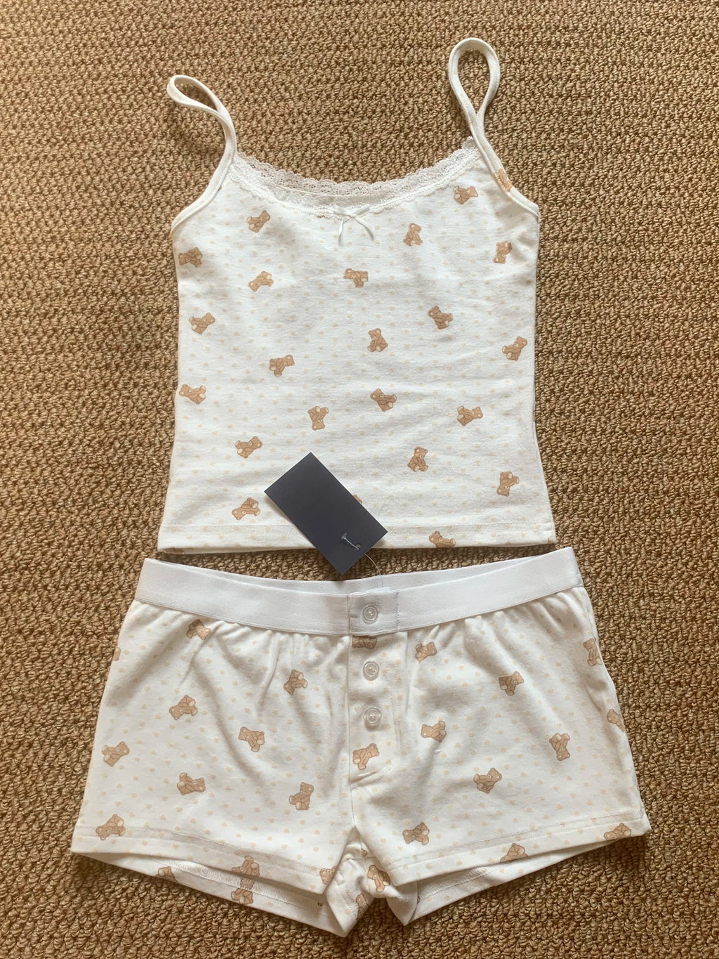 Strawberry Vest Shorts 2 Pieces Set Woman Eyelet Bow Slim Tank Top with Elastic Waist Patchwork Straight Short Pant Sweet Sets Quick Pick Grocers