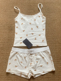 Strawberry Vest Shorts 2 Pieces Set Woman Eyelet Bow Slim Tank Top with Elastic Waist Patchwork Straight Short Pant Sweet Sets Quick Pick Grocers