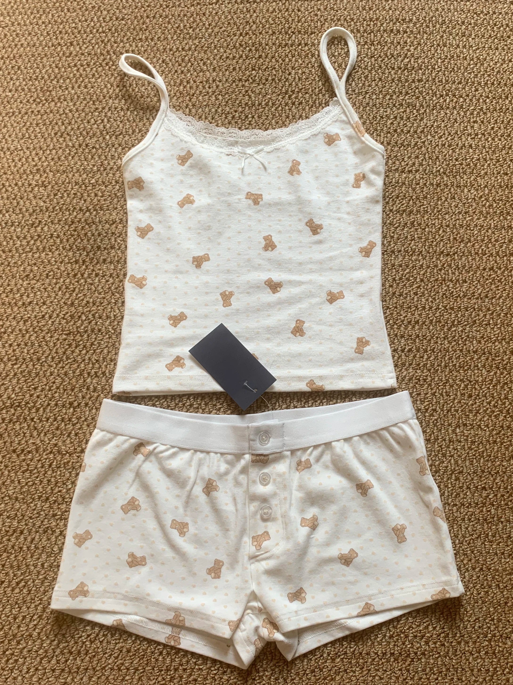 Strawberry Vest Shorts 2 Pieces Set Woman Eyelet Bow Slim Tank Top with Elastic Waist Patchwork Straight Short Pant Sweet Sets Quick Pick Grocers