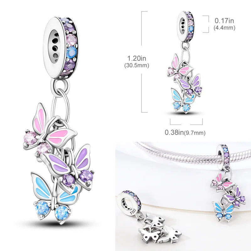 2025 Hot Sale Charms Bead 925 Sterling Silver Pink Butterfly Luminous Firefly Dangle Fit Bangle Bracelet Necklace DIY Jewelry Econic Blanks
