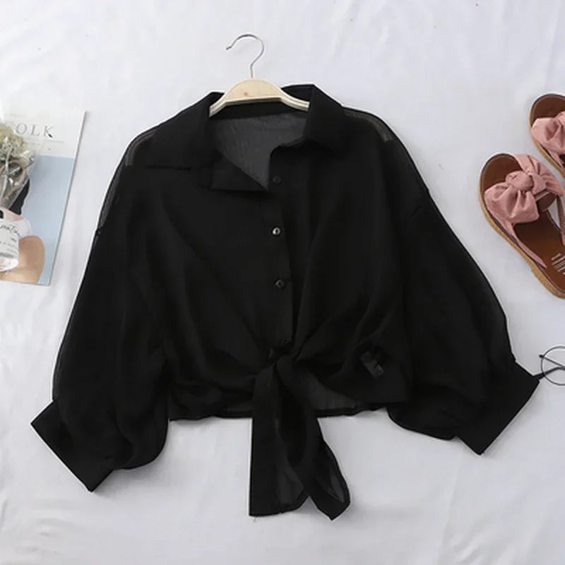 Casual Loose Hollow White Clothes Elegant Solid Color Tied Waist Blouse Women Summer Bat Half Sleeve Button Chiffon Shirt Quick Pick Grocers