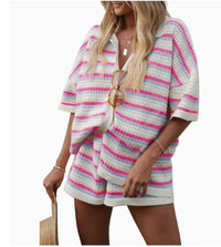2025 Summer Women'S Hollow Striped Knitted 2 Pieces Set Short Sleeve Flip Collar Cardigan Single Breasted Casual Shorts Suits Quick Pick Grocers