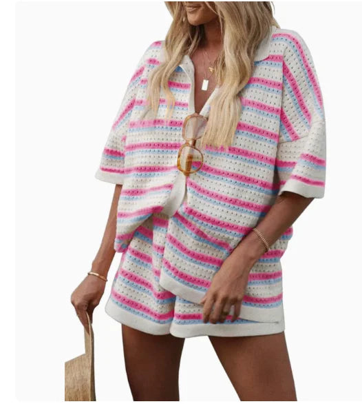 2025 Summer Women'S Hollow Striped Knitted 2 Pieces Set Short Sleeve Flip Collar Cardigan Single Breasted Casual Shorts Suits Quick Pick Grocers