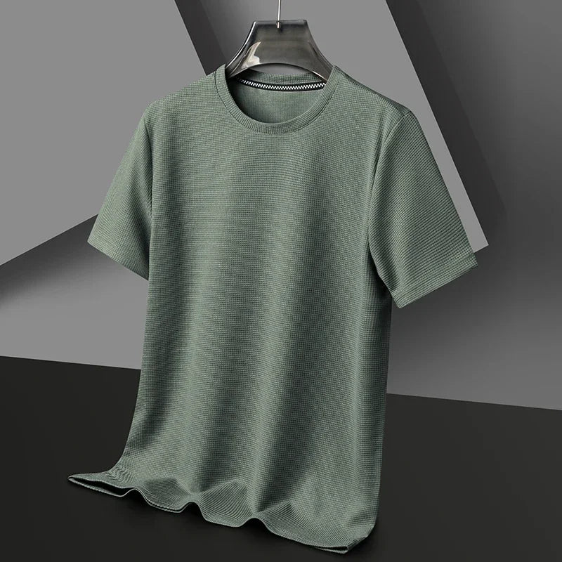 New Summer Waffle Round Neck Short Sleeved T-shirt for Men's Short Sleeved Top Quick Pick Grocers