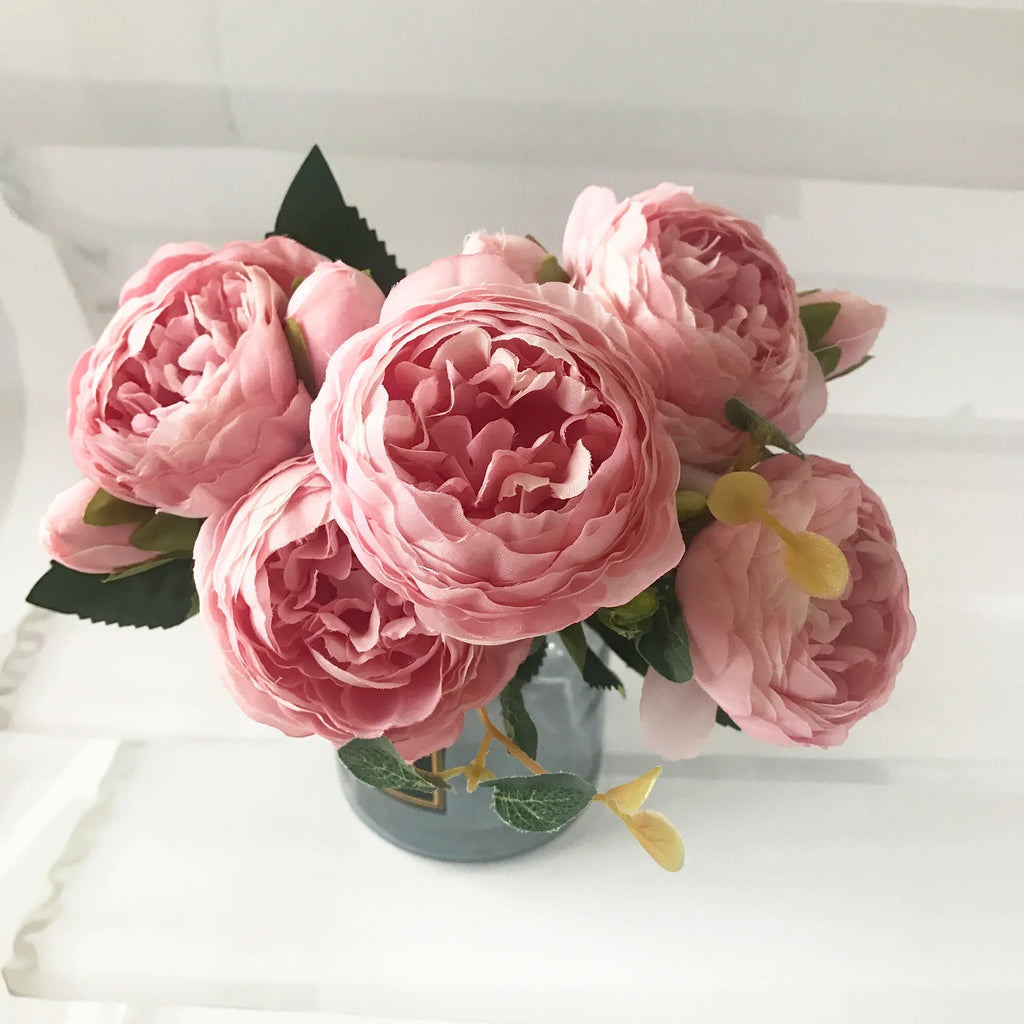 30cm Rose Pink Silk Peony Artificial Flowers Bouquet 5 Big Head and 4 Bud Cheap Fake Flowers for Home Wedding Decoration indoor Quick Pick Grocers