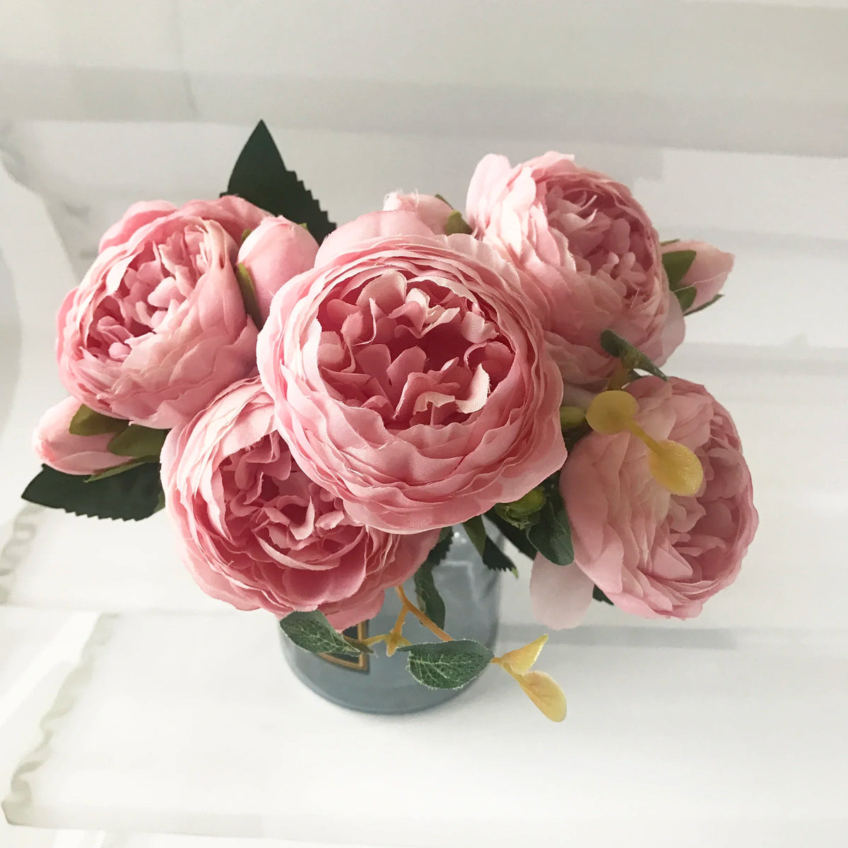 30cm Rose Pink Silk Peony Artificial Flowers Bouquet 5 Big Head and 4 Bud Cheap Fake Flowers for Home Wedding Decoration indoor Quick Pick Grocers