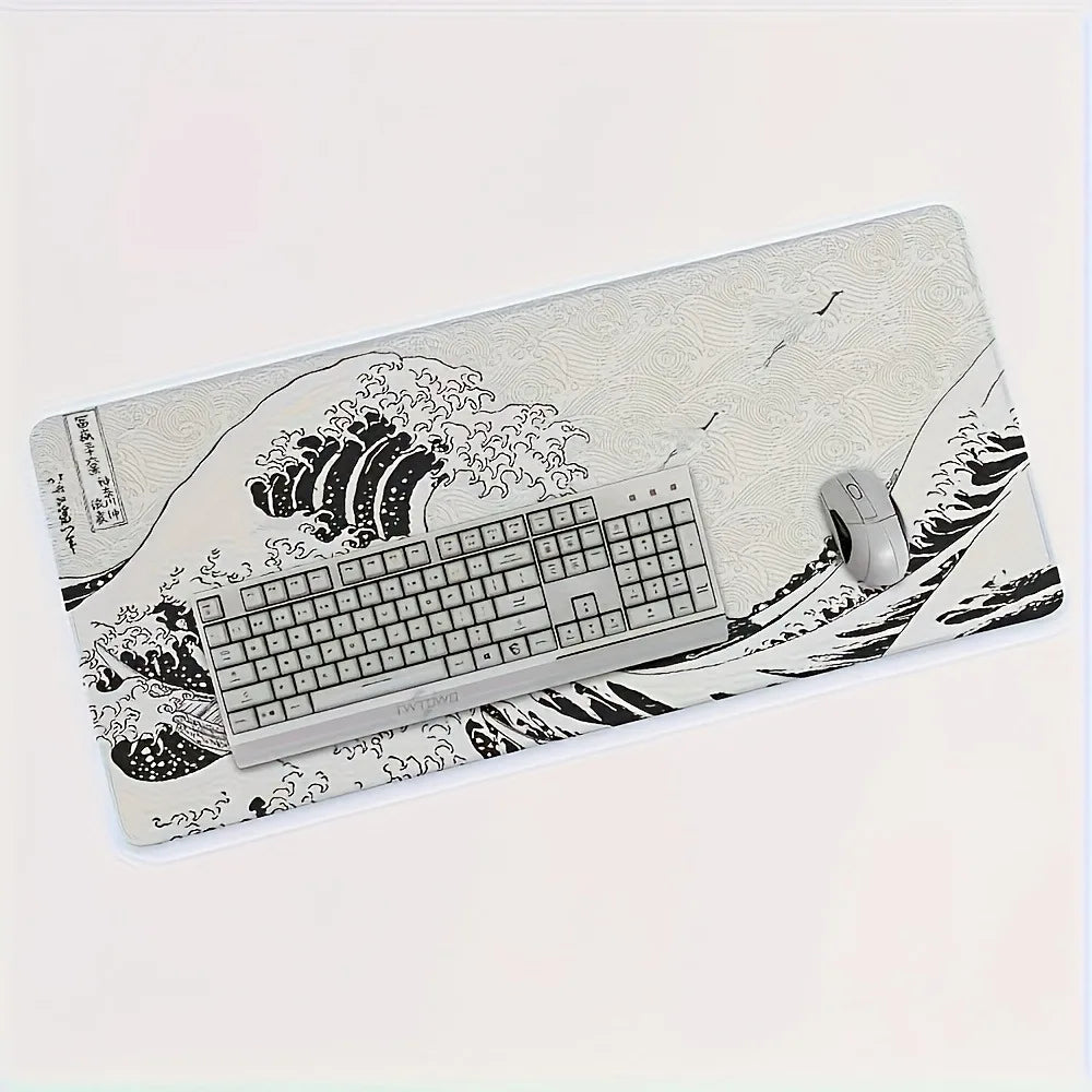 Black White Wave Art XXL Desk Mat | Soft Aesthetic Rubber Base Gaming Mouse Pad for PC Laptop Office Setup Quick Pick Grocers