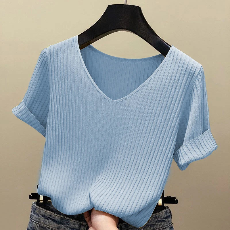 AOSSVIAO 2026 Basic V-neck Solid Thin Summer Women Pullover Female Thin Knitted Ribbed Sweater Slim Short Sleeve Bodycon Sweater Quick Pick Grocers