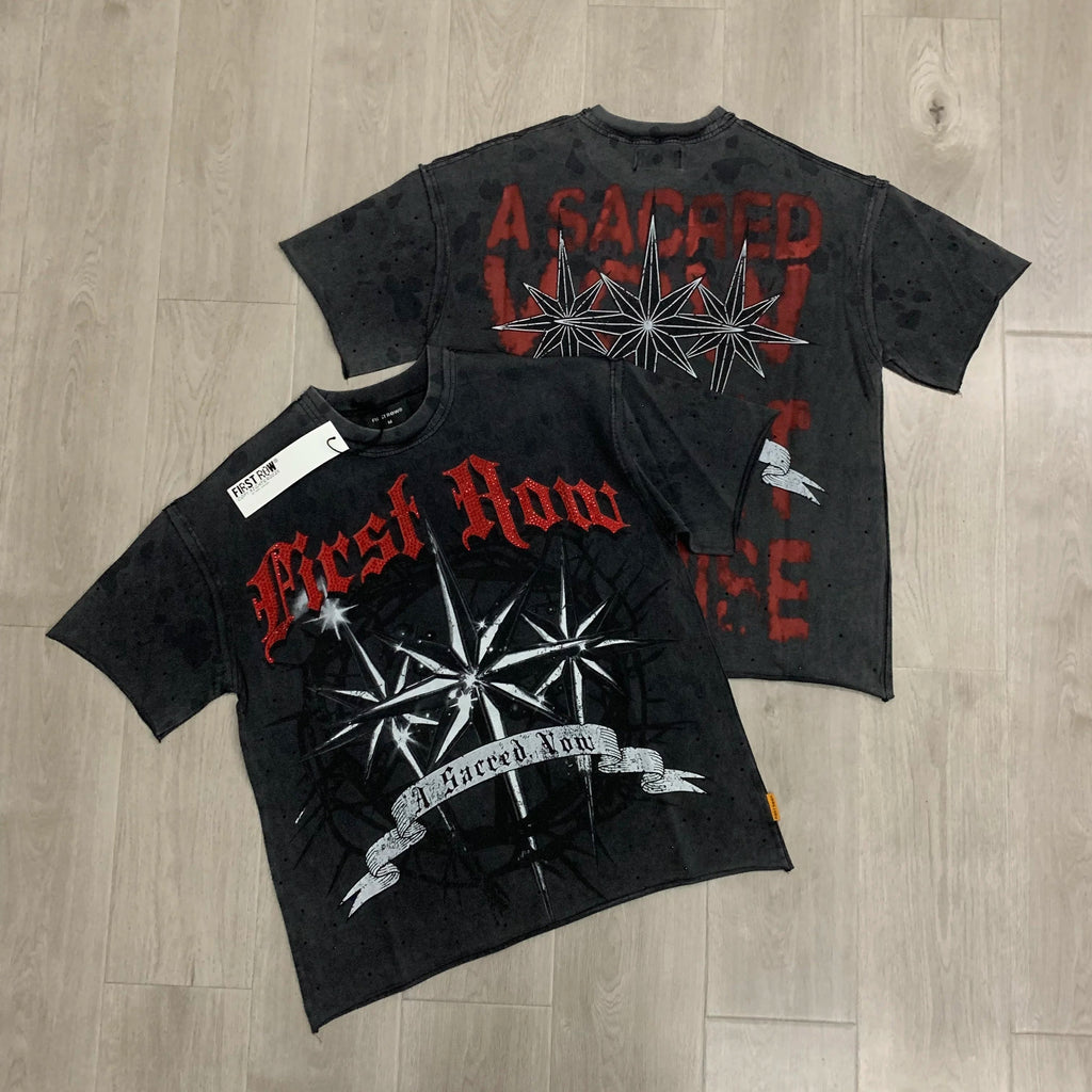 Streetwear Vintage Washed Diamond Cropped Tee for Men Crew Neck Short Sleeve Loose Cotton Rhineston Tshirts Oversized Quick Pick Grocers