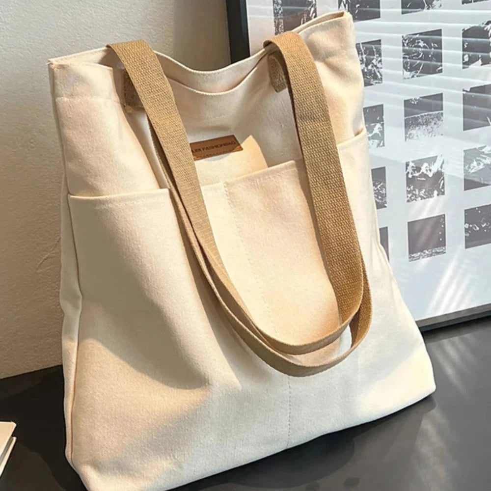 1Pc Women's Tote Bag Canvas Sewing Thread Large Capacity Advanced Sense Handbag Convenient Practical Female's Commuter Bag Econic Blanks