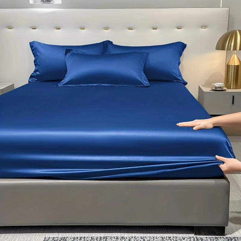 1 Simple Modern Satin Solid Color Fitted Sheet, Solid Color Ice Silk Bedspread For Bedroom, Bedding (Excluding Pillowcases) Quick Pick Grocers
