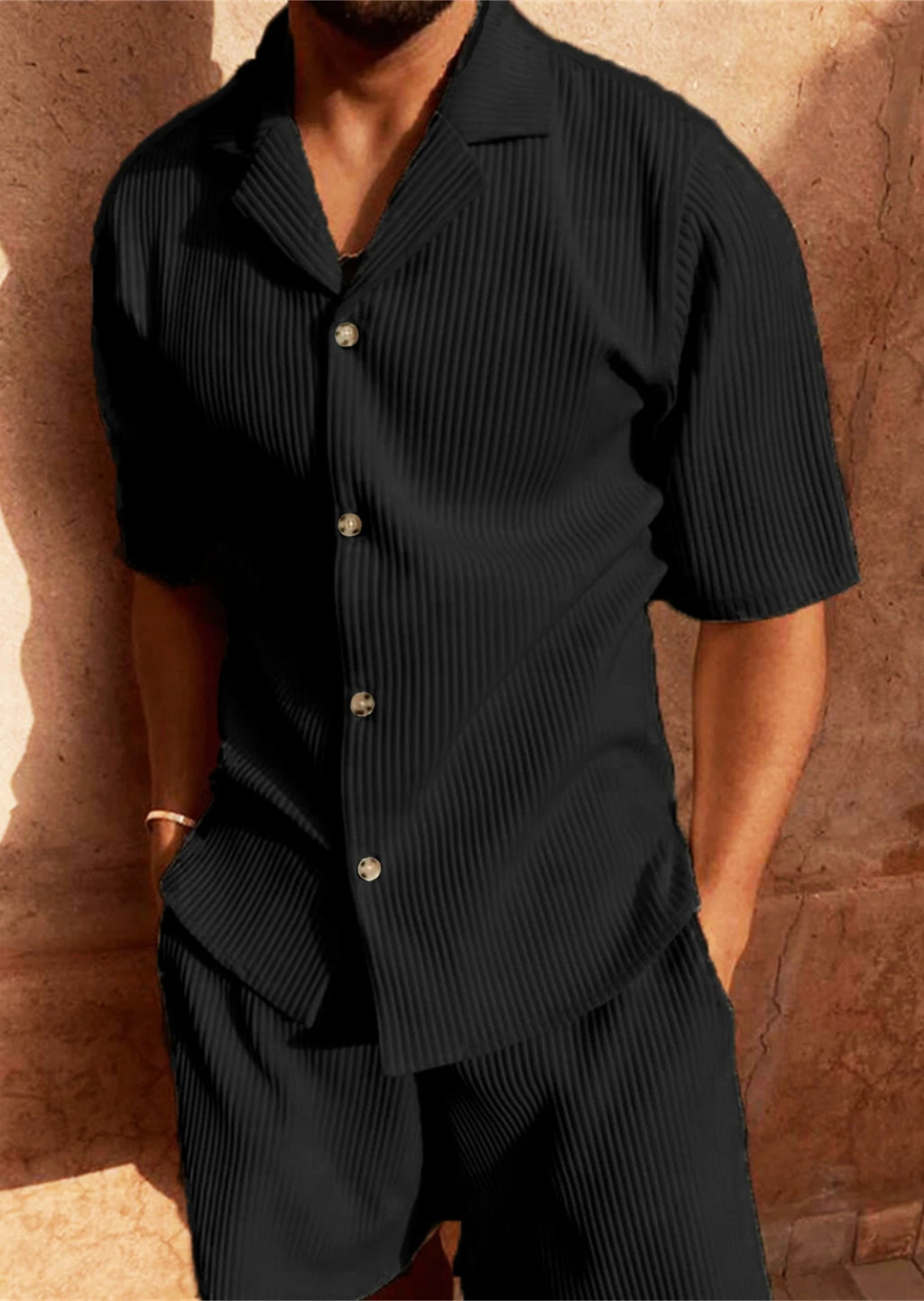 Spring/Summer suit Solid color corduroy shorts sleeve shirt and shorts stretch beach casual suit Quick Pick Grocers