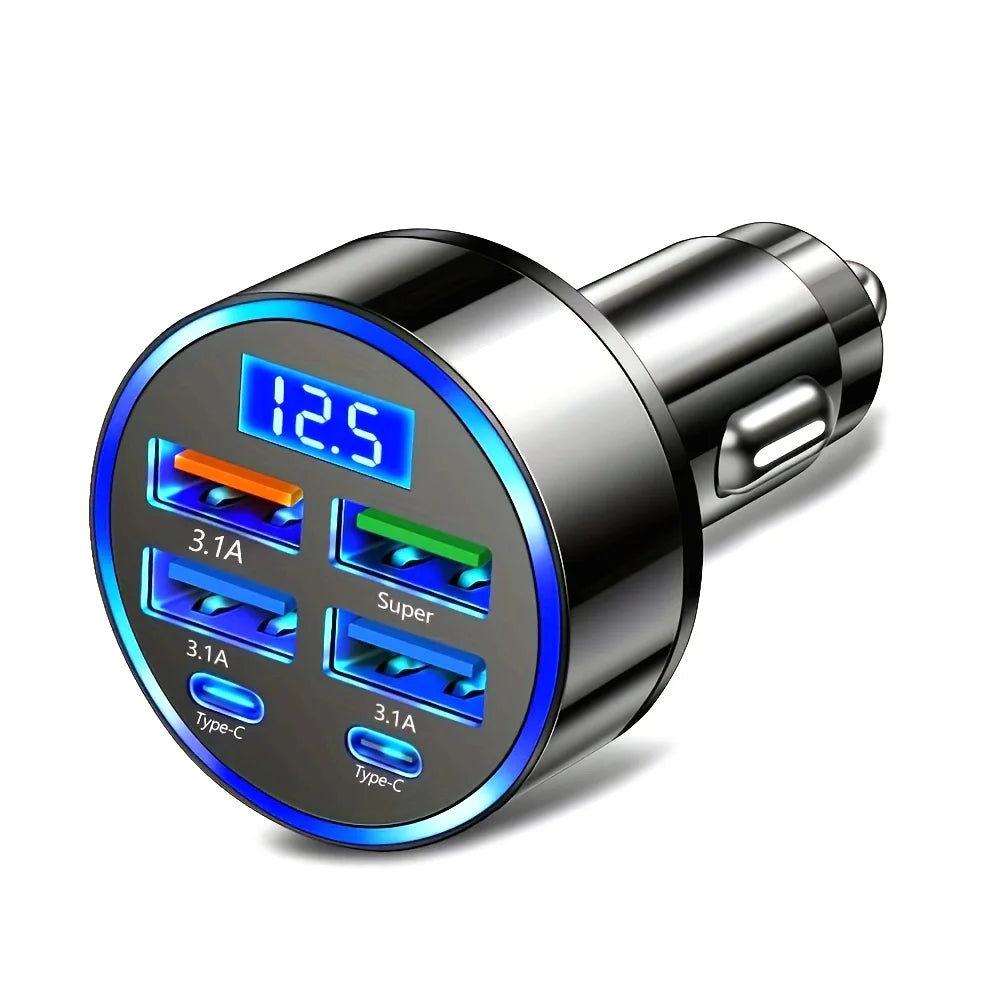 6-in-1 Fast Charging Car Adapter 3.1A Dual Type-C Digital Display Smartphones Tablets Power Banks Black Portable Charger Quick Pick Grocers