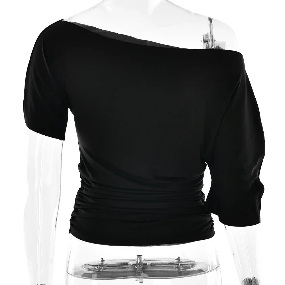 Off Shoulder Ruched Crop Top Women Basics Solid Color Skew Collar Short Sleeve T-shirts Summer Casual Streetwear Tees Quick Pick Grocers