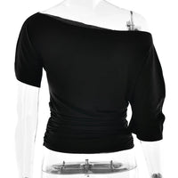 Off Shoulder Ruched Crop Top Women Basics Solid Color Skew Collar Short Sleeve T-shirts Summer Casual Streetwear Tees Quick Pick Grocers