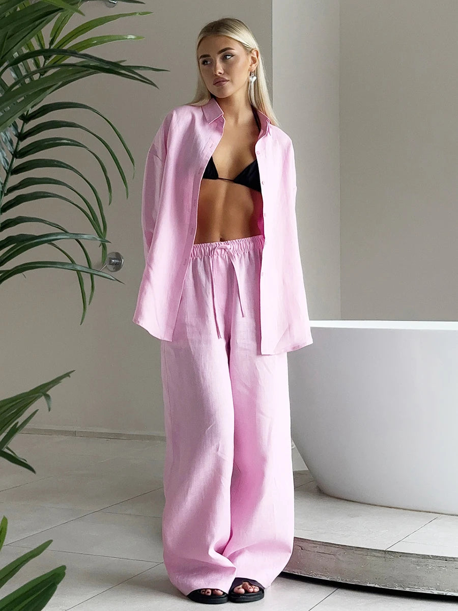 Bornladies Cotton Casual Pants Sets Women's Solid Color Cozy Lapel Long Sleeve Shirt Summer Outfit Elastic Waist Pants Suits Quick Pick Grocers