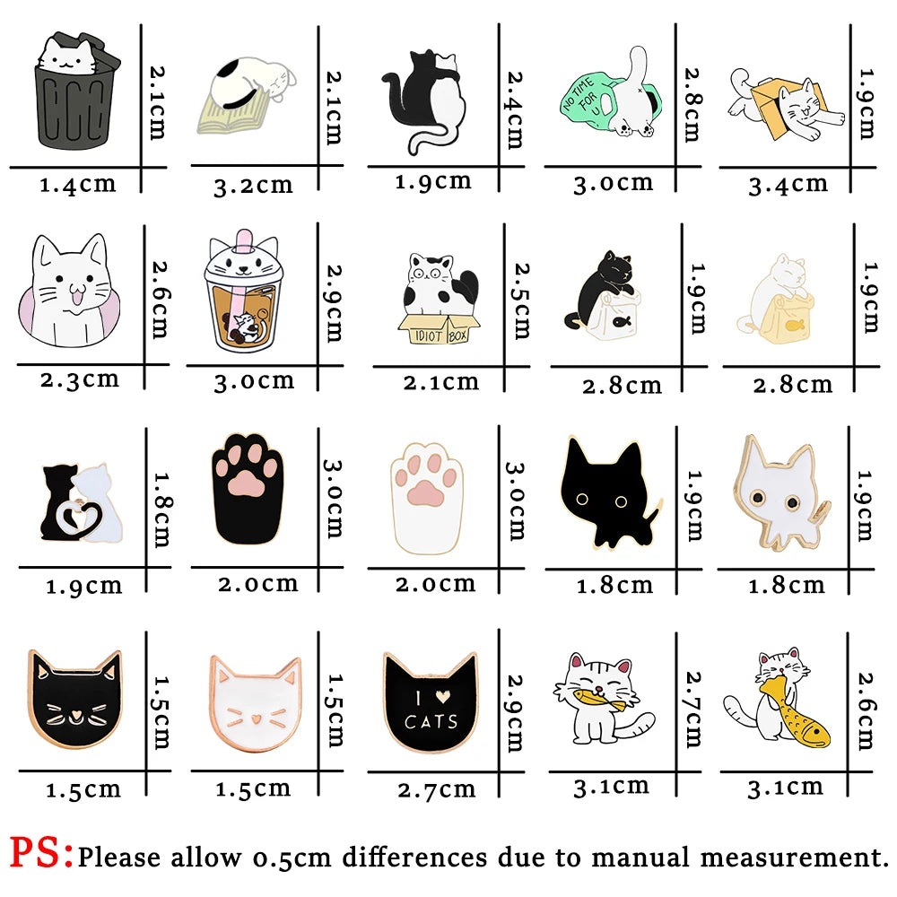 20 Styles Cute Cats collection Enamel Pins Dried Fish Bag Brooch Cartoon Animal Badges Denim Lapel Jewelry Gift for Kids Friends Quick Pick Grocers