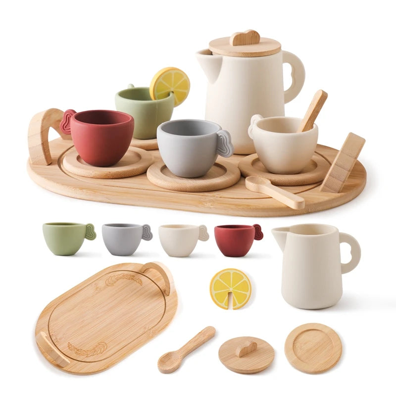 Wooden Children Montessori Toy Teapot Teacup Simulation Kitchen Utensil  BPA Free Silicone Kid Education Pretend Play Toy Gift Purest Peak