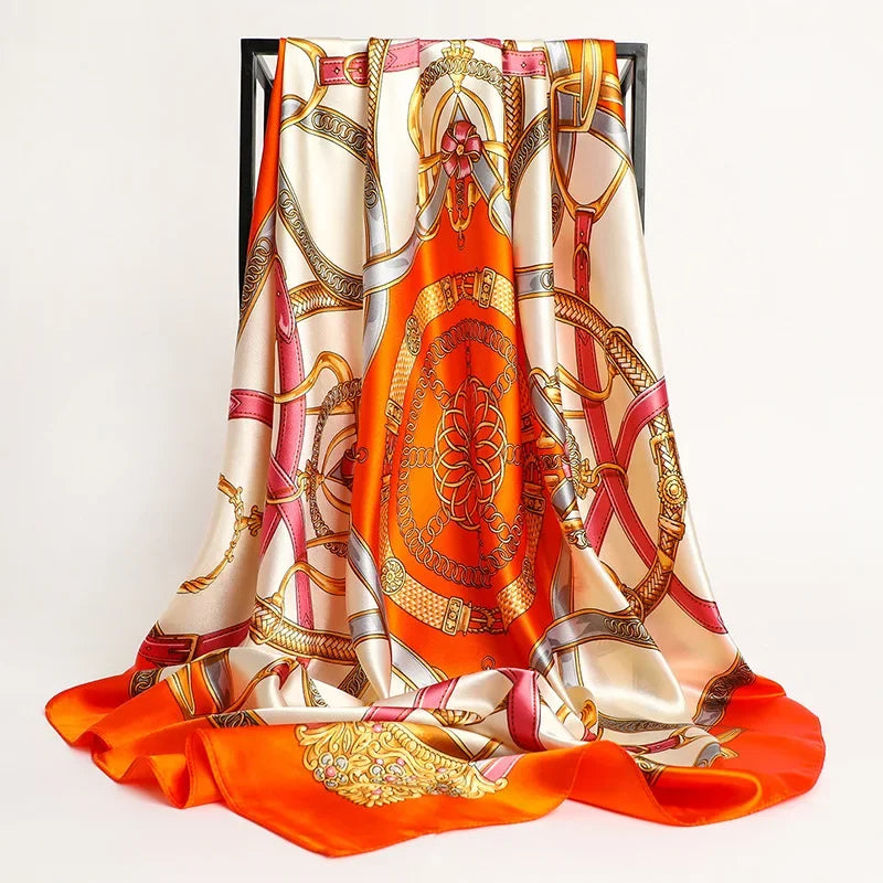 Handkerchiefs Hair Silk Scarf 90*90cm Print Satin Big Square Silk Scarves Shawls for Women Luxury Brand Designer Hijab Headband Quick Pick Grocers