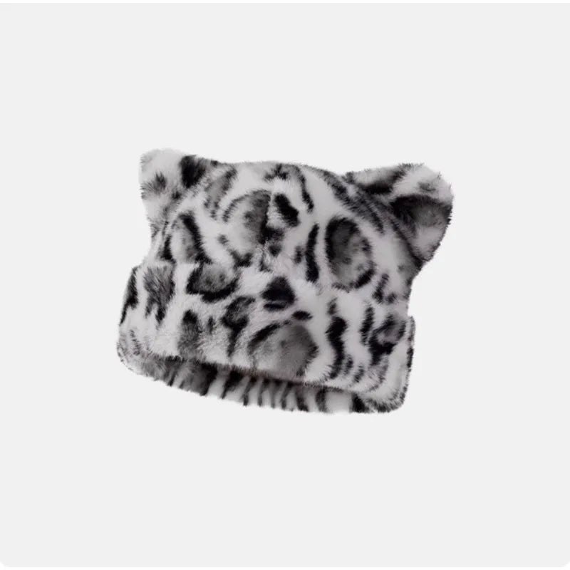 Leopard print plush teddy bear hat for women, sweet and cute, thick and warm, retro and versatile, hooded beanie. Purest Peak