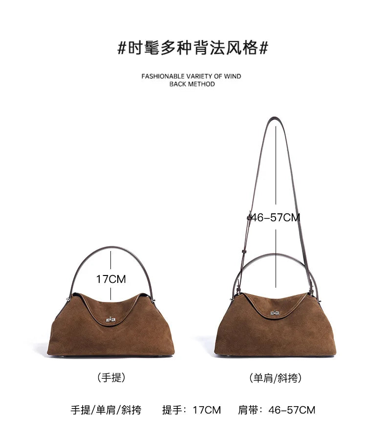 2026 Autumn Winter All-match Bowling Tote All-match Matte Suede Cowhide Leather Women Shoulder Bag Coffee Purple Noble Handbag Quick Pick Grocers