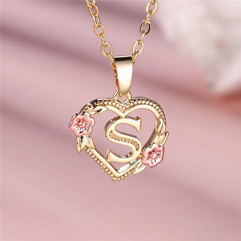 Female A-Z Letter Flower Pendant Necklace Yellow Gold Color Wedding Jewelry Gift For Women Quick Pick Grocers