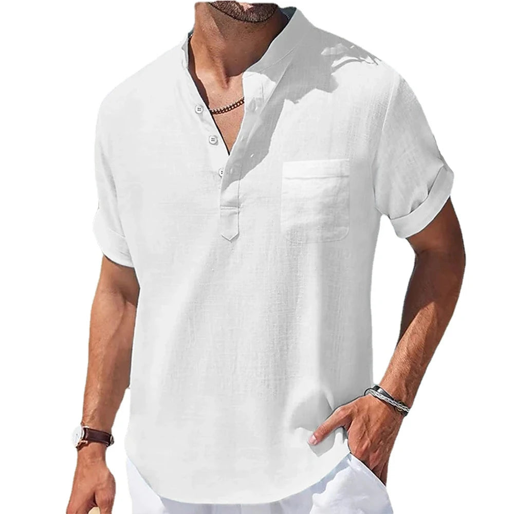 New Men's Casual Stand Up Collar Summer Solid Color Short Sleeve Linen Shirt Trendy Breathable Loose Youth Basic Pocket Top Quick Pick Grocers