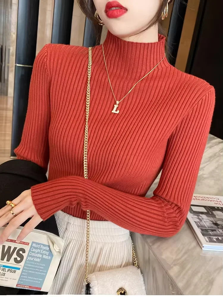 New Women's Elegant Solid Basic Knitted Tops Women Turtlneck Sweater Long Sleeve Casual Slim Pullover Fashion Simple Chic Tops Quick Pick Grocers