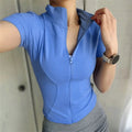 Women Summer Slim Yoga Tops Stand Collar Full Zipper Short Sleeves Shirts Solid Workout Clothes Gym Running Coats Lady Casual Quick Pick Grocers