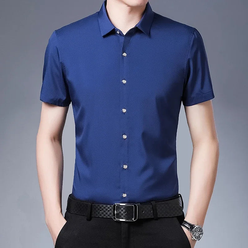 Men's Business Casual Solid Color Short Sleeved Shirt Non Ironing Comfortable Top Quick Pick Grocers