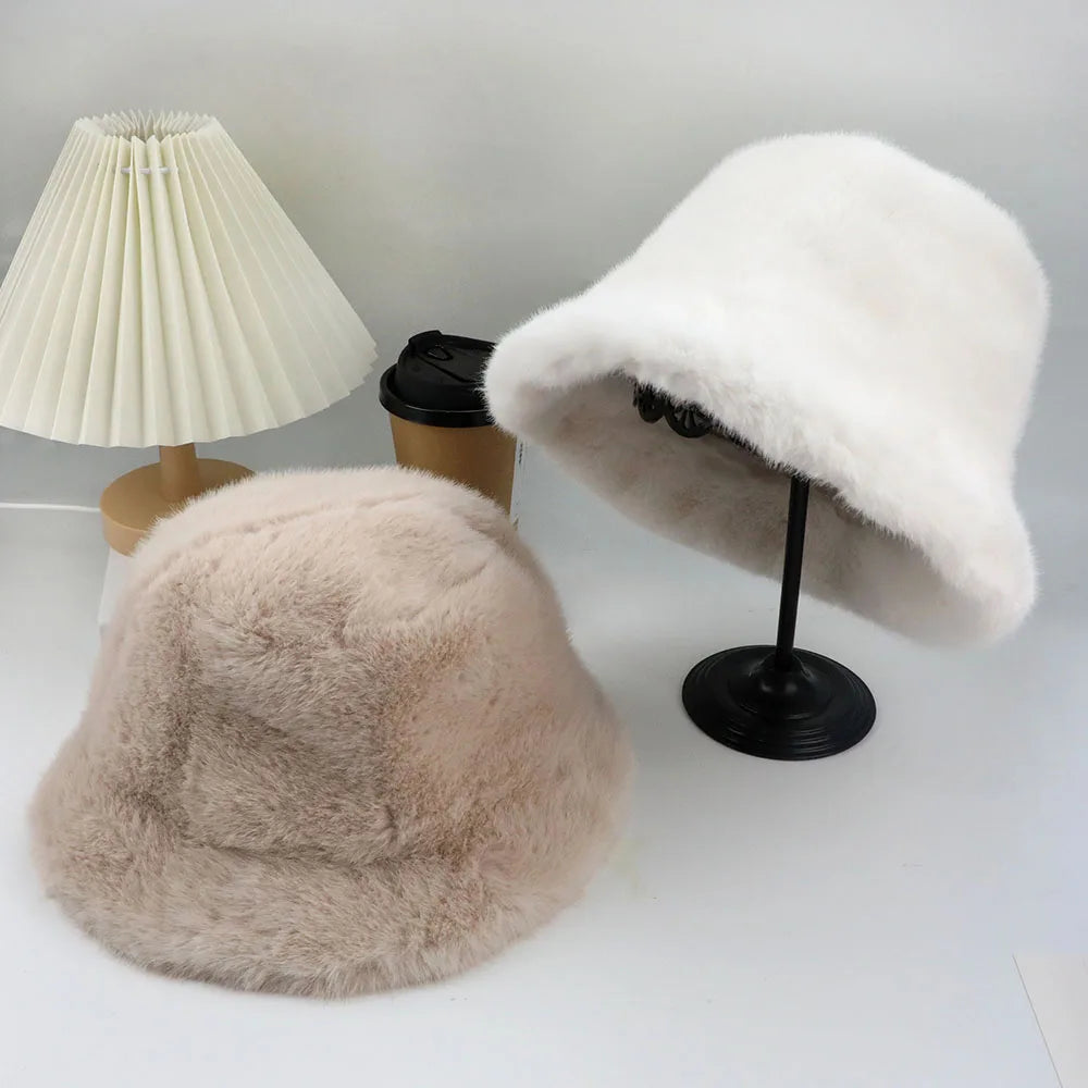 Fluffy Fur Fisherman Hat For Women Winter Plush Ear Protection Cap Windproof Warm Female Panama Caps Solid Fashion Bucket Hat Purest Peak