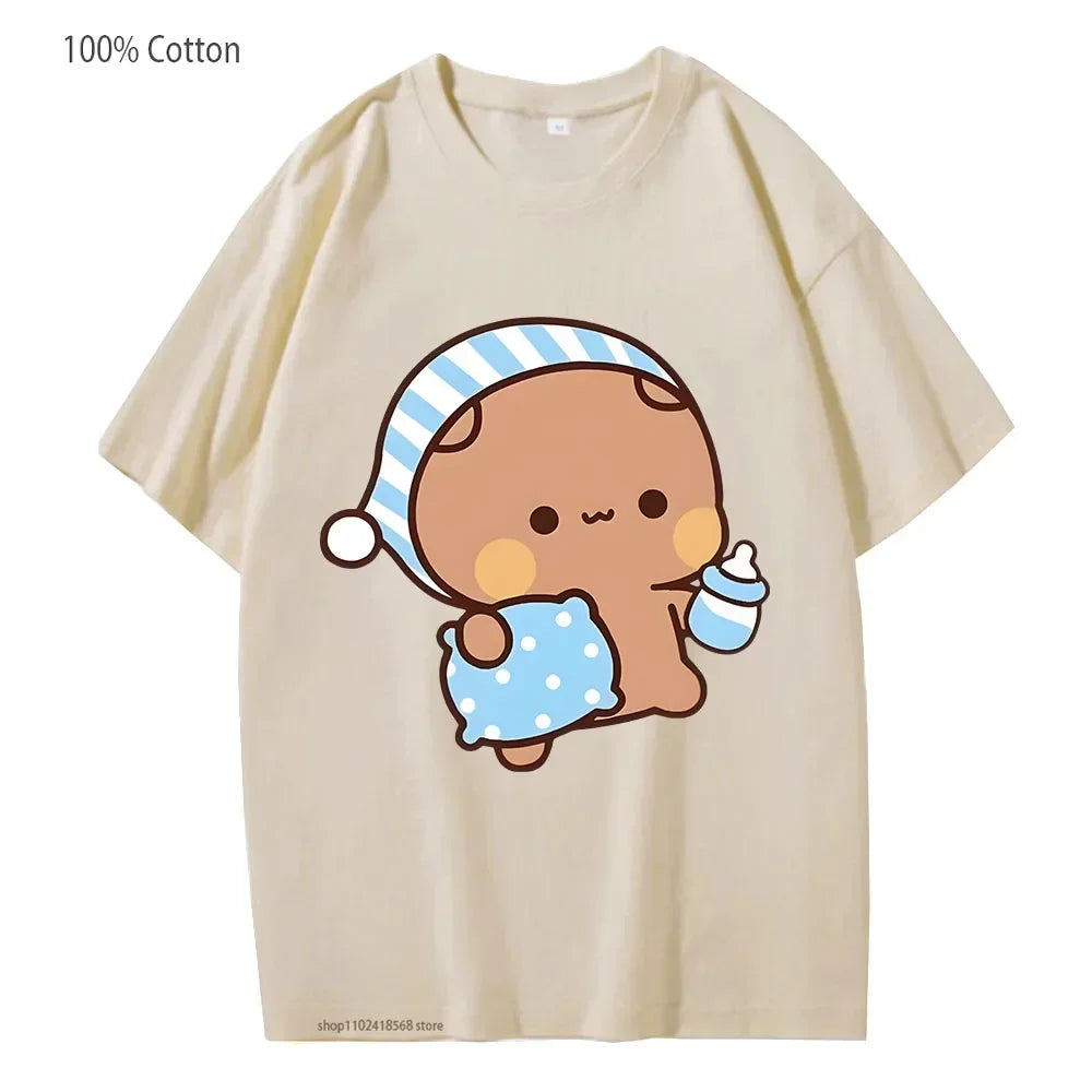 Couple Shirts Kawaii Cute BuBu Panda Going To Sleep with DuDu Bear Graphic Tshirt Cotton Men Women Clothes Long Sleeve Tees Quick Pick Grocers