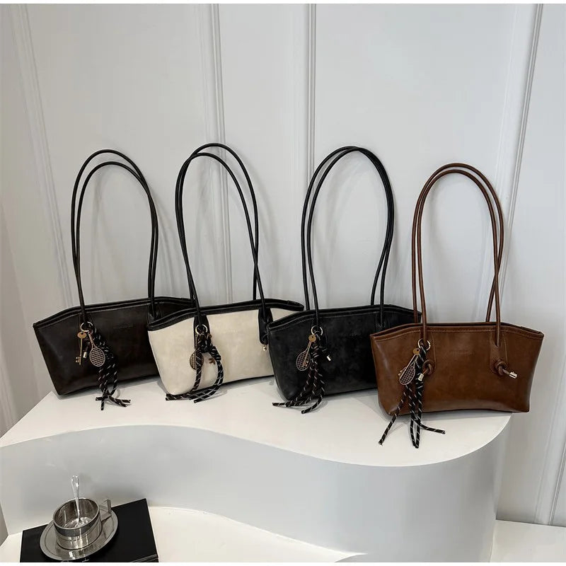 European American Retro Tote Bag, Korean Fashion Shoulder Bags Advanced Simple Handbag New Large Capacity Pendant Versatile Bags Quick Pick Grocers