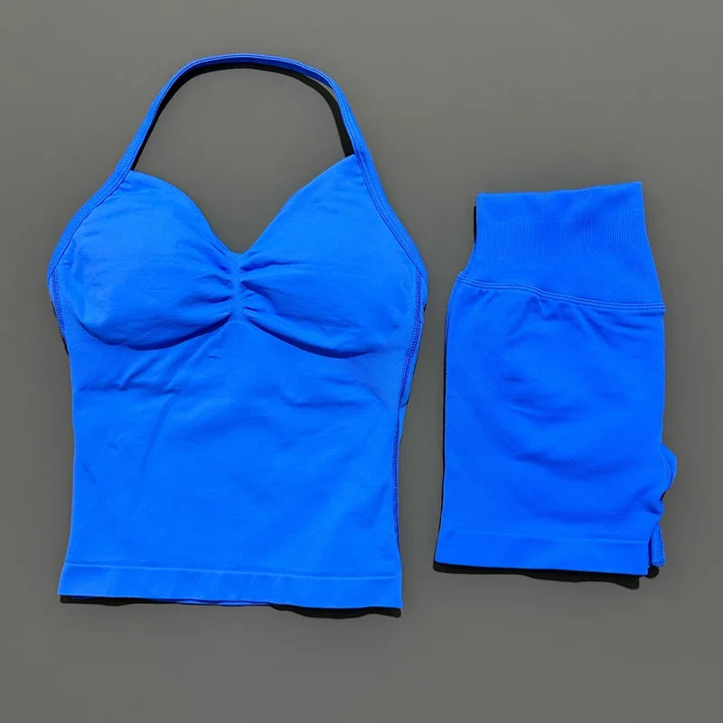 HISTELLO 2 Pieces Sports Set Women Yoga Longline Strap Top Scrunch Seamless Shorts Sport Gym Set Sportswear Workout Fitness Set Quick Pick Grocers