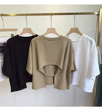Summer New Ladies Casual Backless T-Shirt 2023 Korean Women Round Neck Loose Sweet Spicy Wind Short-Sleeved Crop Tops Quick Pick Grocers