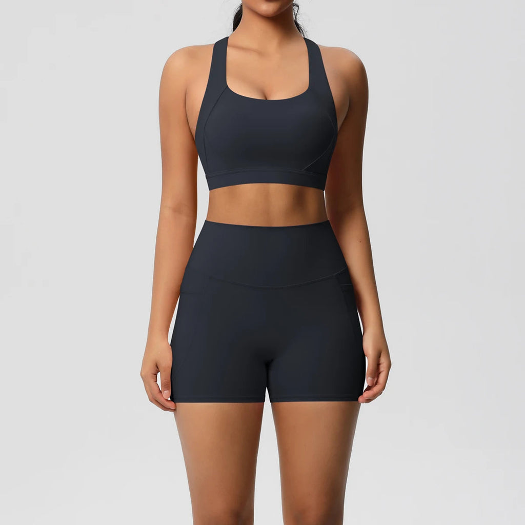 2PCS Sportswear With Pocketed Yoga Set Gym Clothes Yoga Suits For Women Tracksuits Sports Shorts Crossover Bra Gym Leggings Quick Pick Grocers