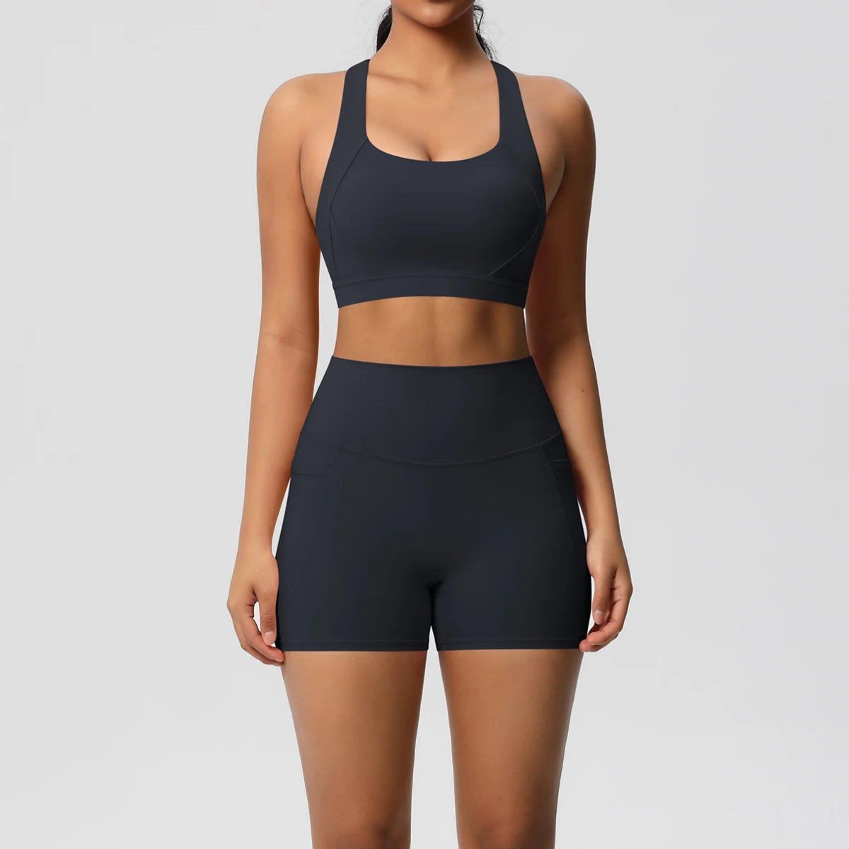 2PCS Sportswear With Pocketed Yoga Set Gym Clothes Yoga Suits For Women Tracksuits Sports Shorts Crossover Bra Gym Leggings Quick Pick Grocers