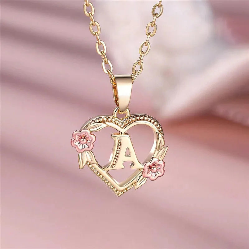 Female A-Z Letter Flower Pendant Necklace Yellow Gold Color Wedding Jewelry Gift For Women Quick Pick Grocers