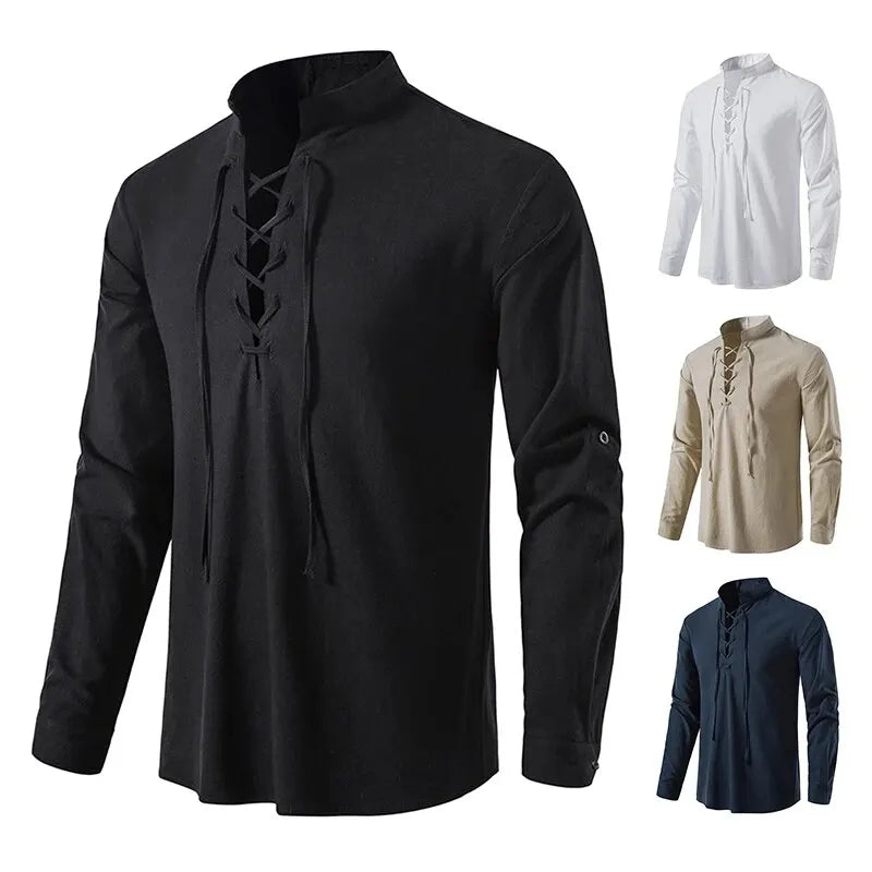 King Billion Men's Shirts Casual Men Cotton Linen Long Sleeve T-shirt Spring Autumn Vintage Shirt US Size Drawstring Neck Quick Pick Grocers