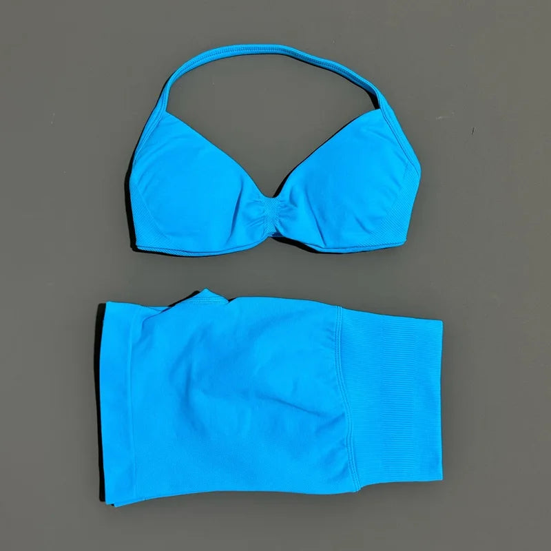 HISTELLO Gym Set 2 Piece Women Strappy Yoga Bra Top Workout Scrunch Shorts Sports Suit Fitness Clothes Seamless Yoga Set Quick Pick Grocers