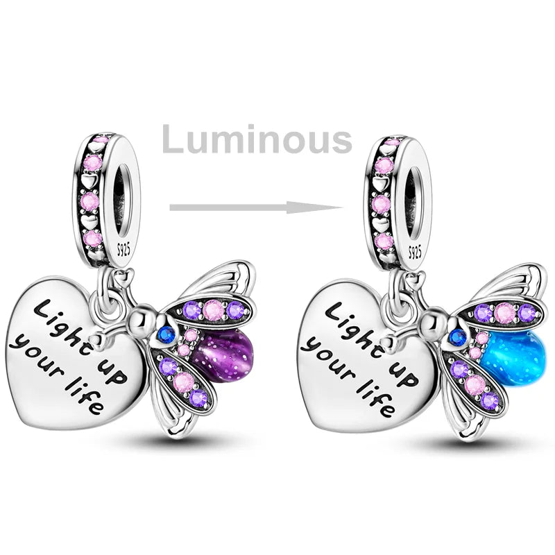 2025 Hot Sale Charms Bead 925 Sterling Silver Pink Butterfly Luminous Firefly Dangle Fit Bangle Bracelet Necklace DIY Jewelry Econic Blanks