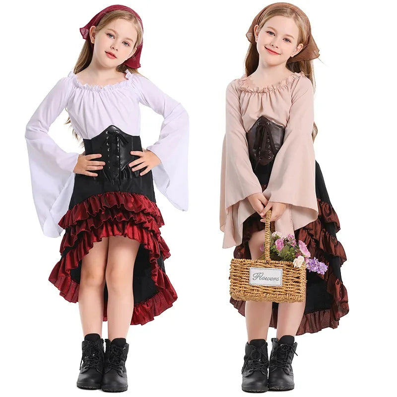 Halloween Kids Girls Medieval Pirate Cosplay Costume Captain Huntress Corset Dress Lace Up Retro Gothic Suit Fancy Party Dresses Quick Pick Grocers