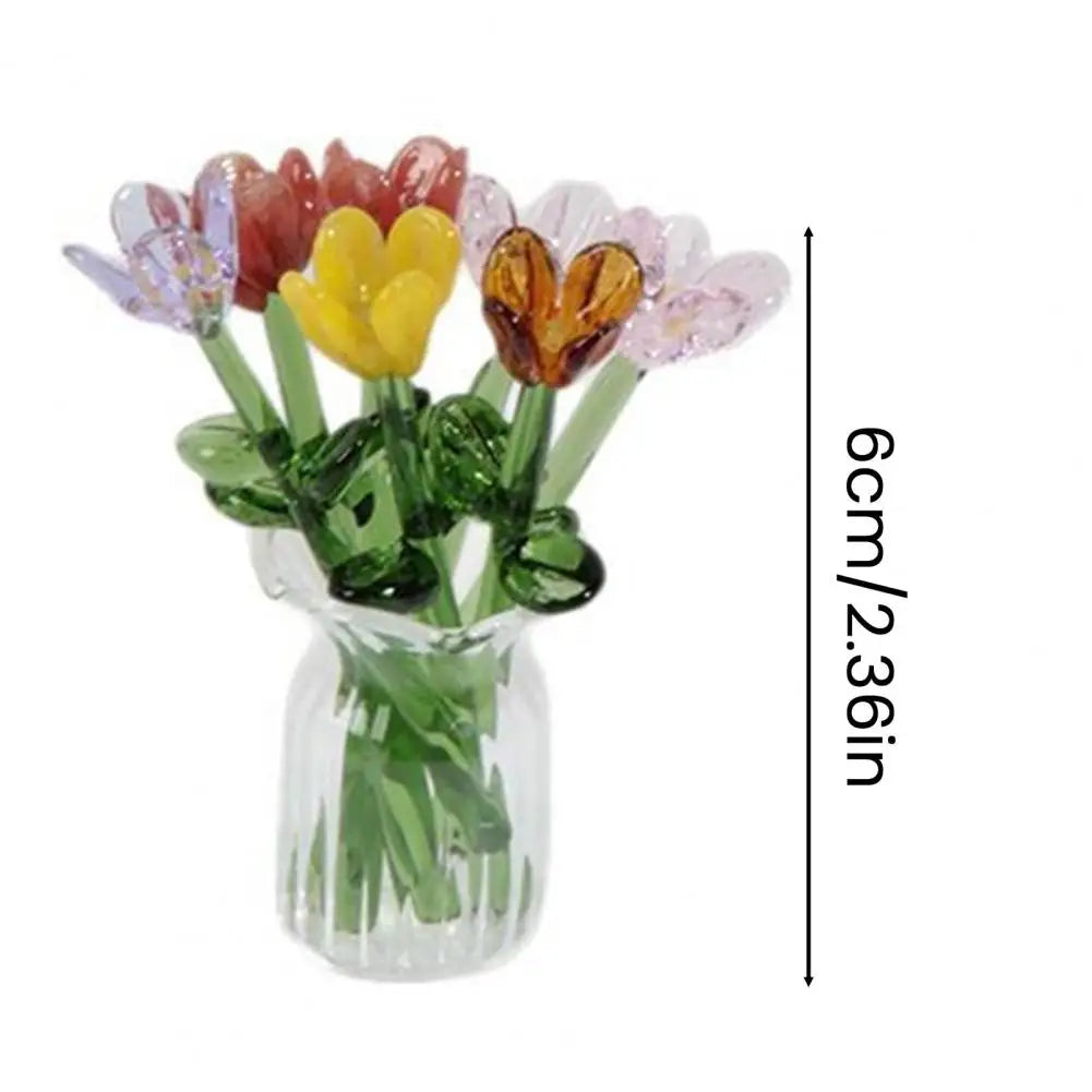 Glass Flower Decor Handcrafted Floral Sculpture Hand-blown Glass Flower Bouquet with Vase Mini Floral Decoration for Home Room Quick Pick Grocers