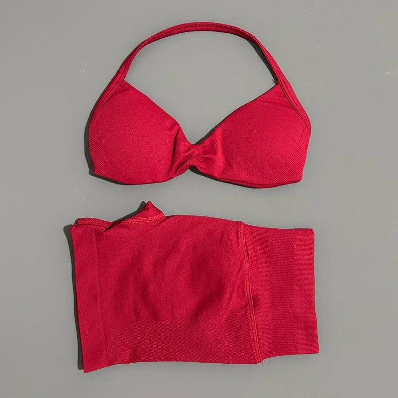 HISTELLO Gym Set 2 Piece Women Strappy Yoga Bra Top Workout Scrunch Shorts Sports Suit Fitness Clothes Seamless Yoga Set Quick Pick Grocers