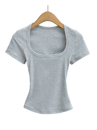 Women's Slim Fit Square Collar Crop Top High Stretch Short Sleeve Pullover Sexy Summer Blouse T-shirt for Bottoming Quick Pick Grocers