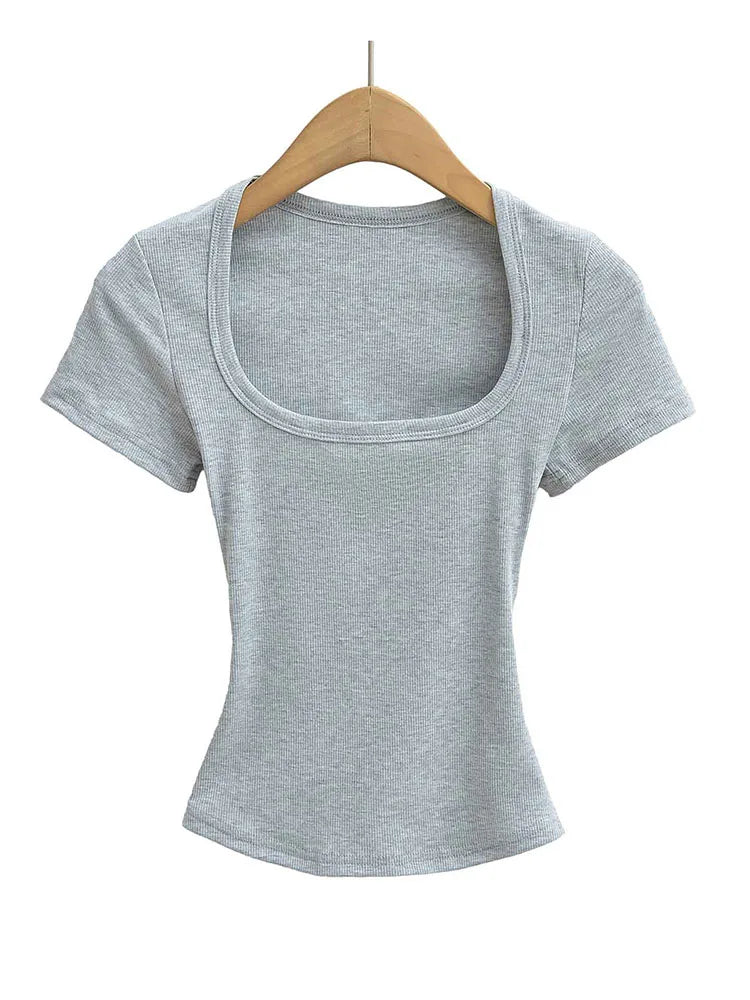 Women's Slim Fit Square Collar Crop Top High Stretch Short Sleeve Pullover Sexy Summer Blouse T-shirt for Bottoming Quick Pick Grocers