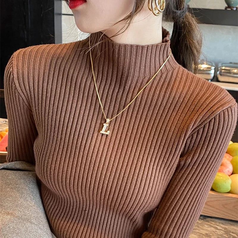 New Women's Elegant Solid Basic Knitted Tops Women Turtlneck Sweater Long Sleeve Casual Slim Pullover Fashion Simple Chic Tops Quick Pick Grocers