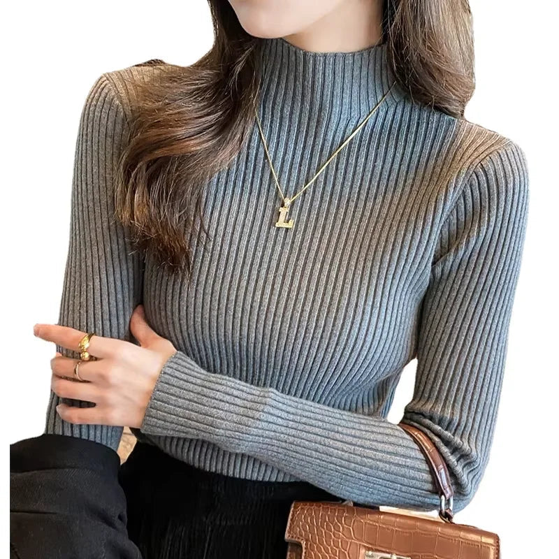 New Women's Elegant Solid Basic Knitted Tops Women Turtlneck Sweater Long Sleeve Casual Slim Pullover Fashion Simple Chic Tops Quick Pick Grocers