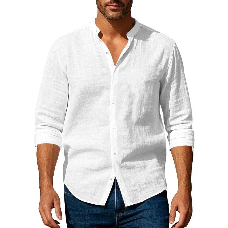 Cotton Linen Shirt for Men Henley Neck Solid Color Lightweight Breathable Slim Fit Single Breasted Shirt Long Sleeve Button Up Quick Pick Grocers